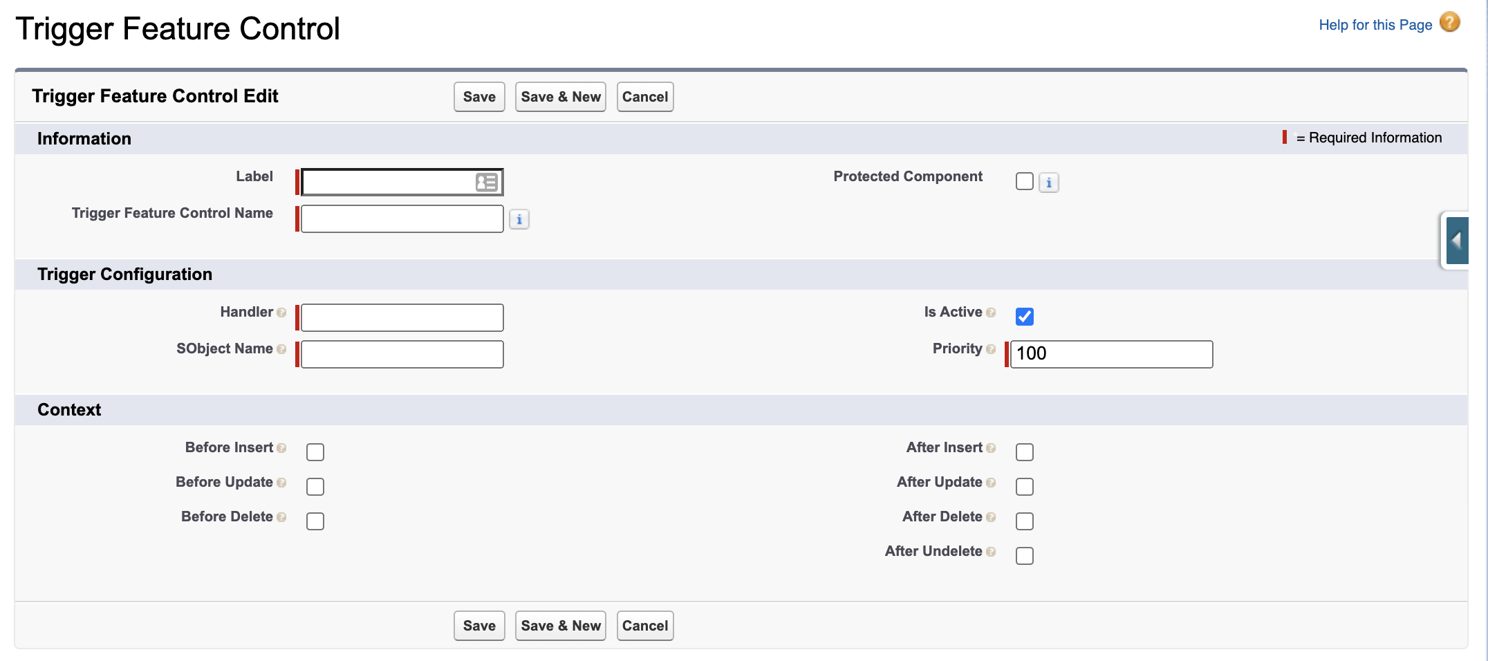 Layout of the trigger feature control custom metadata to register handlers with the framework